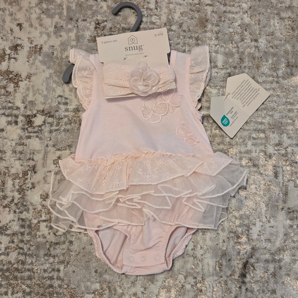 Snug Baby Girls Pink Ruffle Tutu Bodysuit and Headband 2 Piece Set 6-9M NWT